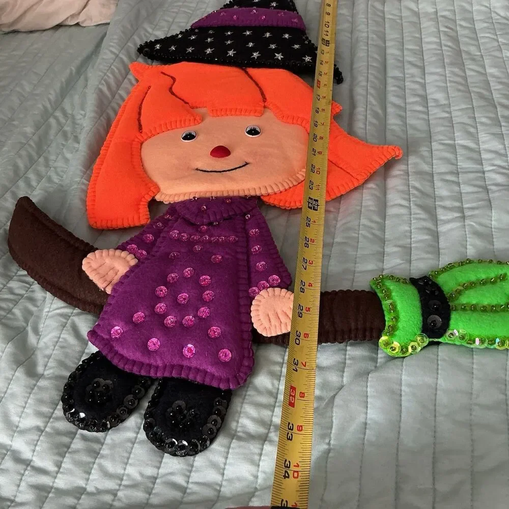 Handmade Halloween Witch Wall Hanging Felt Sequin Decor Orange Hair 34”